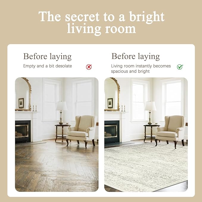 Washable Rugs 6x9 Area Rugs for Living Room,Bedroom,Dining Room- Large Ultra Soft Faux Wool Retro Carpets,Non Slip&Non-Shedding Low Pile Vintage Print Rug for Home Office Decor-Beige