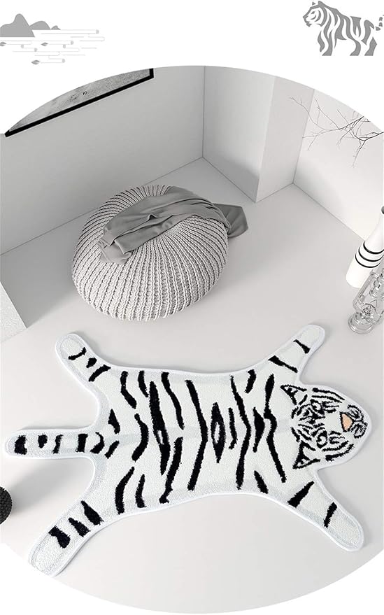 Tiger Print Rug Cartoon Cute Faux Area Rugs Fluffy Animal Print Mat Carpet Kids Small Rugs for Playroom Room Home Decor (2.6x1.8Ft /32.2" Lx21.4 W（54.5x82cm）,White)