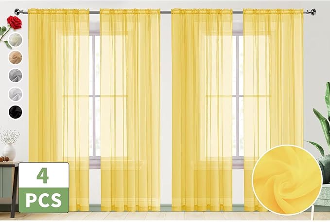 SpaceDresser Yellow Sheer Curtains 4 Panels Rod Pocket Semi-Sheer Curtain 72 Inches Long Light Filtering Voile Window Drapes for Bedroom Living Room Kitchen, Each 52W x 72L