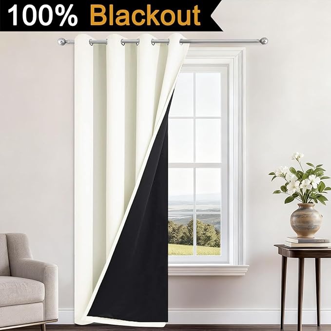 Yakamok 100% Blackout Curtains 96 Inches Long, 2 Thick Layers Heat and Full Light Blocking Soft Thermal Insulated Drapes for Bedroom(52" Wide Each Panel, Cream, 1 Panel)