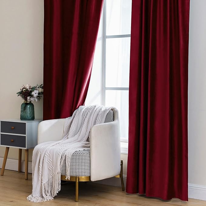 MIULEE Velvet Curtains 84 inches 2 Panels - Luxury Blackout Curtains for Bedroom Living Room Thermal Insulated Super Soft Christmas Window Drapes Rod Pocket & Back Tab, Burgundy Red, W52 x L84 inches