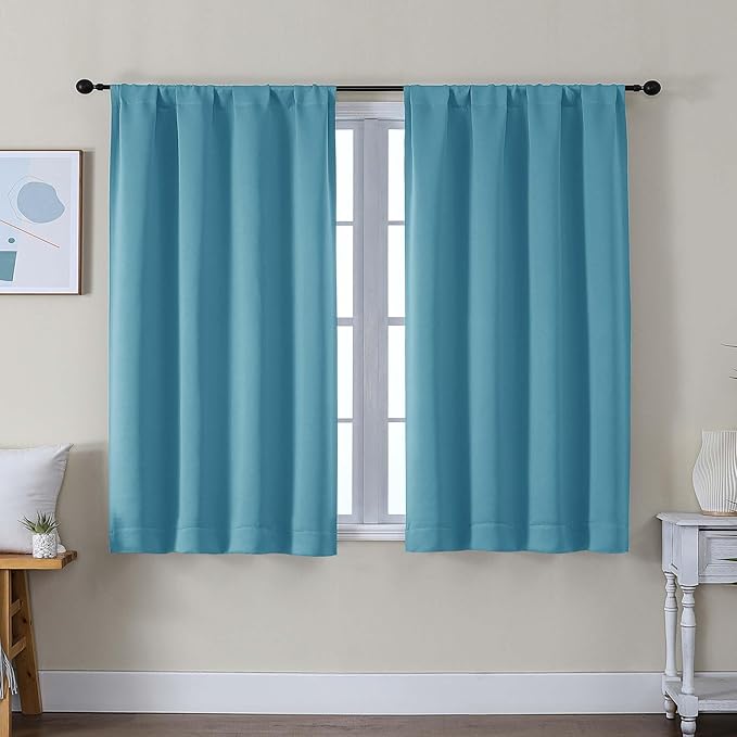 Simplebrand Ava Turquoise Short Blackout Curtains for Bedroom 45 Inches Long 2 Panels Set, Solid Thermal Insulated, Energy Saving Window Treatment Curtains Blackout Drapes, W40 x L45 Inch, Turquoise