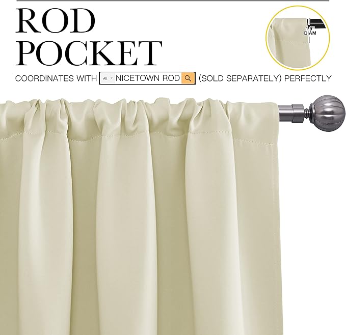 NICETOWN Bedroom Curtains for Kids Room, Window Treatment Thermal Insulated Solid Room Darkening Drape Panels for Girls Room (Beige, Set of 2, 34 inches Width by 63 inches Length)