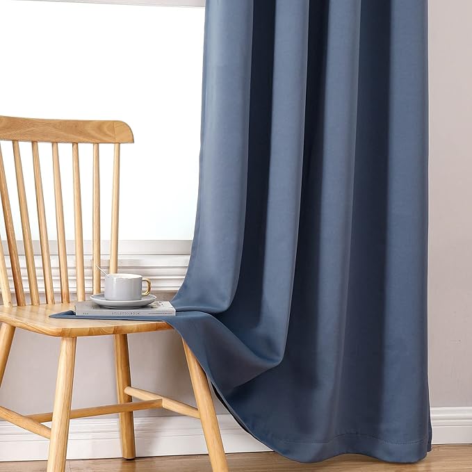 ChrisDowa 100% Blackout Curtains for Bedroom with Black Liner, 2 Thick Layers Total Blackout Thermal Insulated Grommet Window Curtains 2 Panels Set (Stone Blue, 52 x 72 Inch)