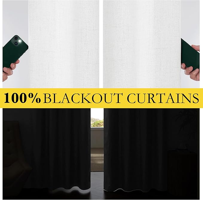 NICETOWN 100% Absolutely Blackout Linen Curtains with Thermal Insulated Liner, Greyish White, 52" Wide, 63" Length Energy Saving Curtains for Living Room 2 Panels Set, Vertical Blinds