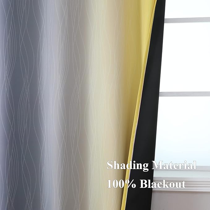 Ombre Gray and Yellow Blackout Curtains 63 Inch Length 2 panels, Full Room Darkening Curtains for Kids Room, Grommet Thermal Insulated Gradient Drapes, Light Blocking Curtains for Bedroom, 42x63 Inch