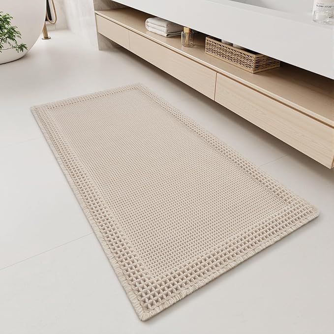 RESARE Waffle Bathroom Runner Rugs, Super Absorbent Bath Mat Non Slip Washable Quick Dry, Upgraded Ultra Soft Boho Bath Rugs with Tassels for Hallway Bedroom Laundry Room, 2'x4'(24"x48"), Pale Beige