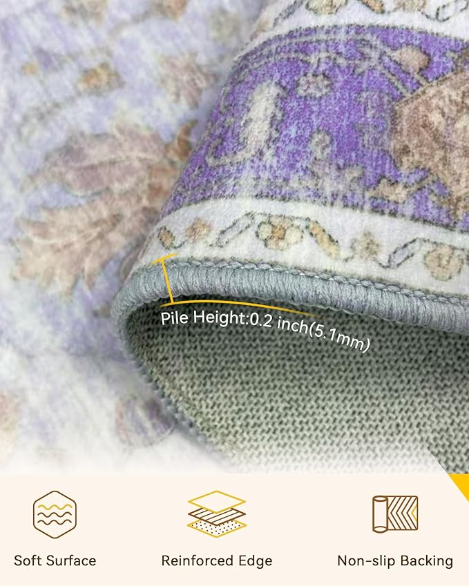 RELEANY Area Rugs 9'x12' Washable Non-Slip, Floral Vintage Distress Print Pattern Medallion Carpet for Living Room Bedroom Dining Room, Light Purple Brown
