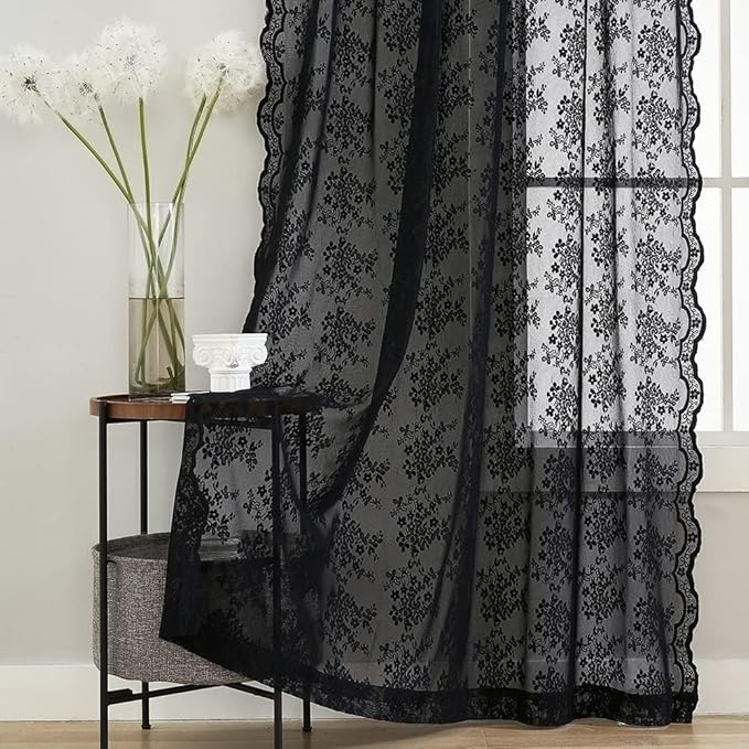 YJ YANJUN Vintage Lace Curtains 80 inch Length 2 Panles for Doorway Victorian Gothic Floral Dark Academia Black Sheer Curtain Panels for Living Room Bedroom Light Filtering 52 by 80 inch Length