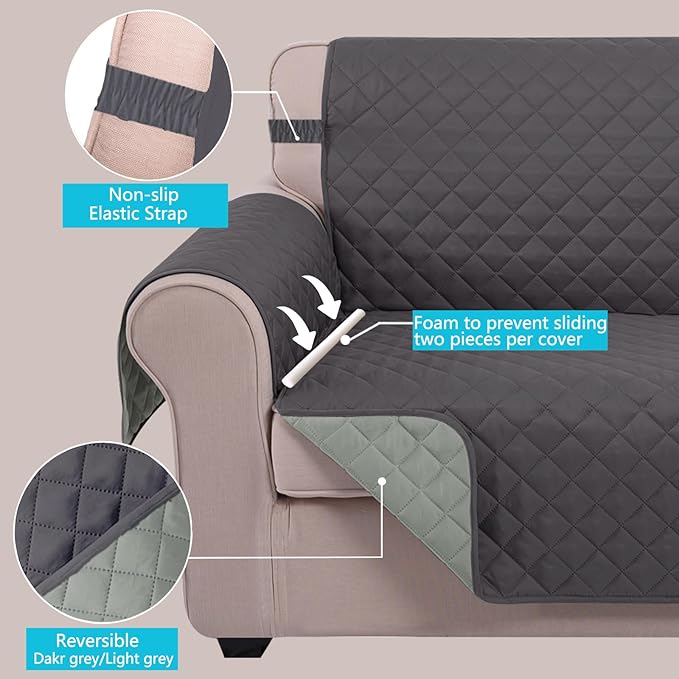 U-NICE HOME Reversible Sofa Cover Washable Couch Cover for Dogs with Elastic Straps Water Repellent Furniture Protector for 3 Cushion Couch Pet Friendly (Sofa, Dark Grey/Light Grey)