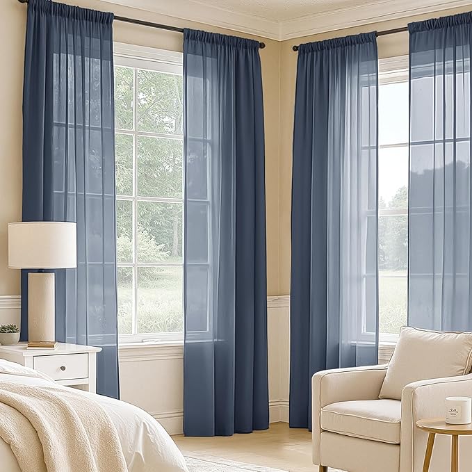 MIULEE Navy Blue Sheer Curtains 90 Inches Long, 4 Panels Set, Light Filtering Rod Pocket Voile Drapes Window Treatments, Semi Transparent Airy Fabric for Bedroom and Living Room, 54 x 90 Inches