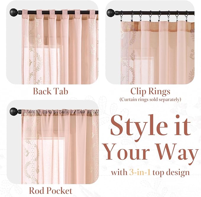 jinchan Belrose Pink Floral Sheer Curtains for Living Room 96 Inch Long Voile Embroidered Farmhouse Curtains for Bedroom Ivory Flower Patterned Rod Pocket Window Treatments, 2 Panels Pink