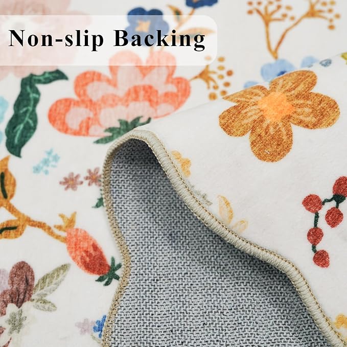 Washable 3x6 Hallway Runner Rug: Floral Scalloped Soft Runners for Entryway Kitchen Nursery Non Slip Bathroom Laundry Floor Mat Water Resistant Light Weight Carpet for Living Room Bedroom (3x6,Cream)