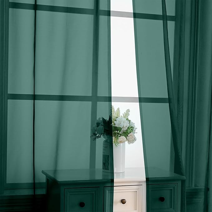 OVZME Hunter Green Sheer Curtains 63 Inches Long 2 Panels - Soft Light Filtering Window Sheer Panels for Living Room/Bedroom, Top Dual Rod Pocket, 1 Pair, Each 42Wx63L Inches