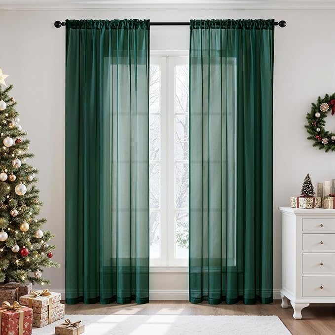 MIULEE 2 Panels Christmas Solid Color Sheer Window Curtains Elegant Window Voile Panels/Drapes/Treatment for Bedroom Living Room (54X90 Inches Hunter Green)