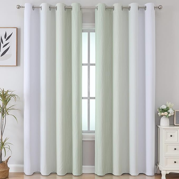 Estelar Textiler Sage Green and Greyish White Gradient Blackout Curtains for Bedroom, Thermal Insulated Ombre Blackout Drapes, Light Blocking Energy Saving Curtains for Living Room,52Wx96L,2 Panels