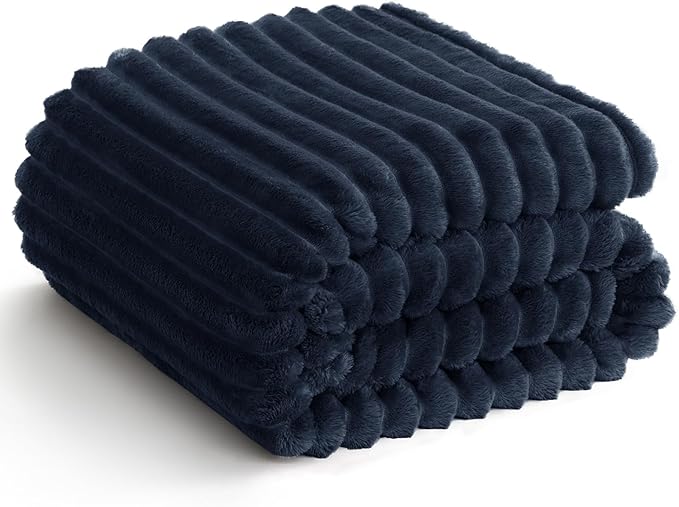 HIMEET Navy Blue Ribbed Twin Blanket for Bed - 300GSM Lightweight Soft Fleece Blanket for Men Women, Blankets Graduation Birthday Gifts, Striped Spring Home School Dorm Decor, Navy Blue, 60x80 Inches