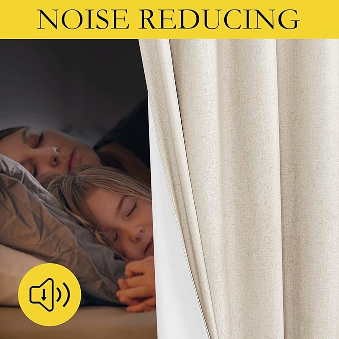 NICETOWN 100% Absolutely Blackout Linen Curtains with Thermal Insulated White Liner, Beige, W62, 2 Pieces, Noise Reducing Textured Linen Look Curtains for Windows 108 inch Length for Classroom