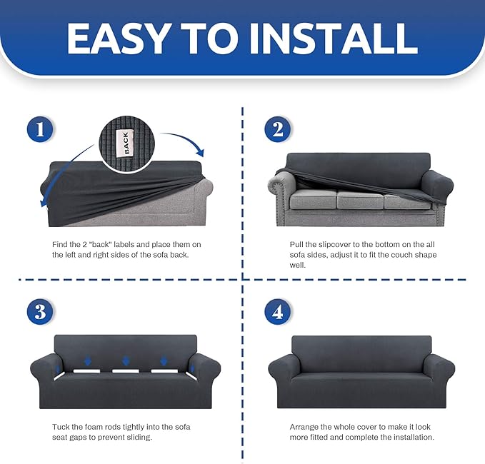 KEKUOU Stretch Oversized Sofa Slipcover 1 Piece Couch Sofa Cover (94"-110") Furniture Protector 4 Seater Sofa with Elastic Bottom for Kids,Pet.Jacquard Checked Pattern Fabric(X Large,Charcoal)