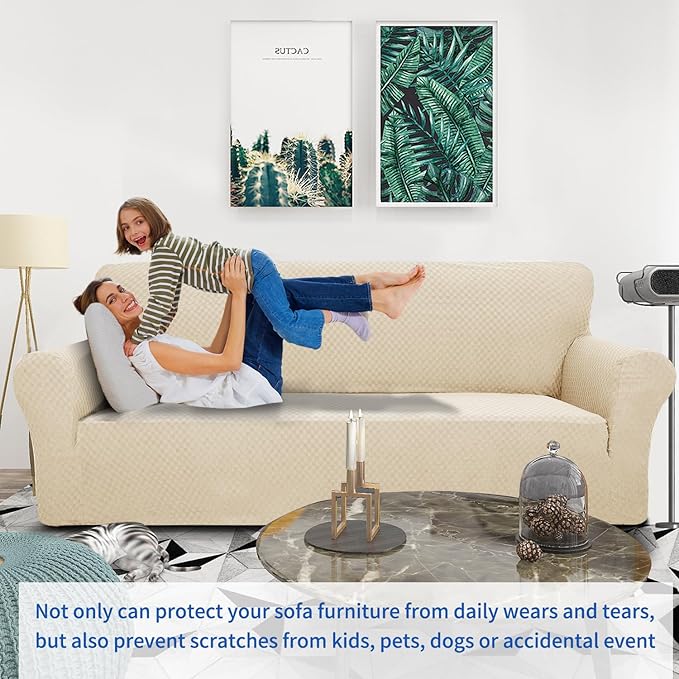 ZNSAYOTX 1 Piece Jacquard Couch Covers for 3 Cushion Couch Living Room High Stretch Sofa Cover Pets Dogs Friendly Anti Slip Thickened Slipcovers Furniture Protector (Sofa, Light Biege)