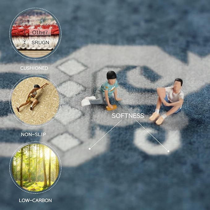 Washable Rugs 8x10 Area Rugs for Living Room,Bedroom,Dining Room- Large Ultra Soft Faux Wool Retro Carpet,Non Slip&Non-Shedding Low Pile Vintage Print Rug for Home Office Dorm Playroom-Blue