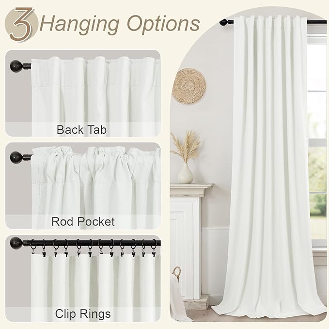 Extra Long Ivory Curtains for Living Room Blackout 108 Inch Sound Proof Wide Drapes for Large Window Noise Reducing Darkening Curtains for Bedroom Off White 52x108 Ceiling to Floor Length 2 Panel 9 ft