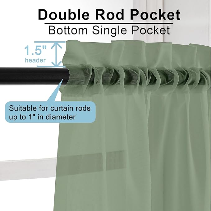 OWENIE Sage Green Sheer Curtains 96 Inches Long 2 Panels Set, Elegant Sheer Curtains for Bedroom Living Room, 2Pcs Each 42" W x 96" L,Total Wide 84 Inch, Sage Green
