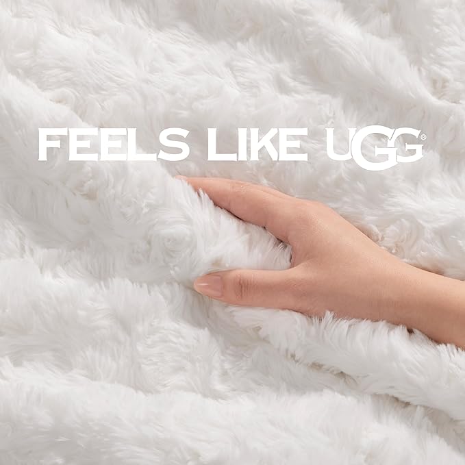 UGG Adalee Faux Fur Full/Queen Blanket for Bed, Soft Fuzzy Blanket, Warm Large Throw for Couch, Washable Full or Queen Bedding, Luxury Bedroom Decor, 90" x 90", Natural White
