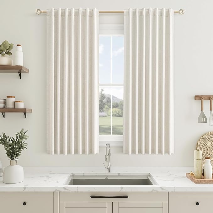 Guken 100% Blackout Cream Linen Curtains 52 Inch Wide by 56 Inch 2 Panels Set for Kitchen Small Windows Back Tab Thermal Insulated Black Out Linen Drapes Room Darkening Curtains