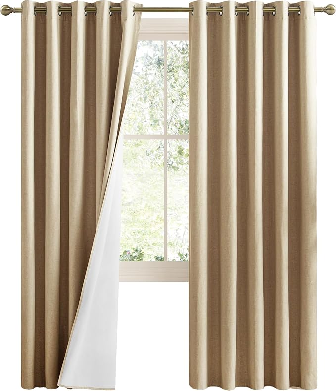NICETOWN 100% Absolutely Blackout Linen Curtains with Thermal Insulated White Liner, Camel, 62" Wide, 2 Pieces, Privacy Vertical Window Drapes for Office Laundry Living Room Windows 84 inch Long