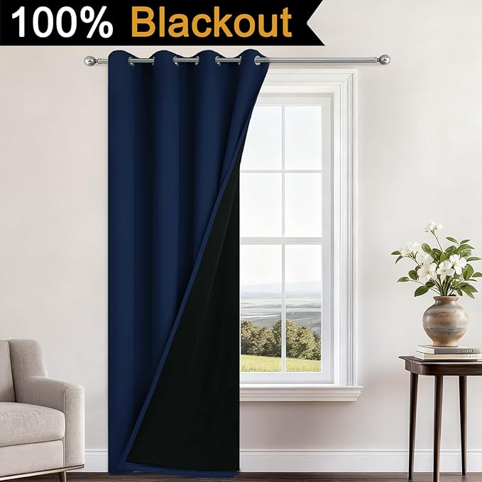 Yakamok 100% Blackout Curtains 96 Inches Long, 2 Thick Layers Heat and Full Light Blocking Soft Thermal Insulated Drapes for Bedroom(52" Wide Each Panel, Navy Blue, 1 Panel)