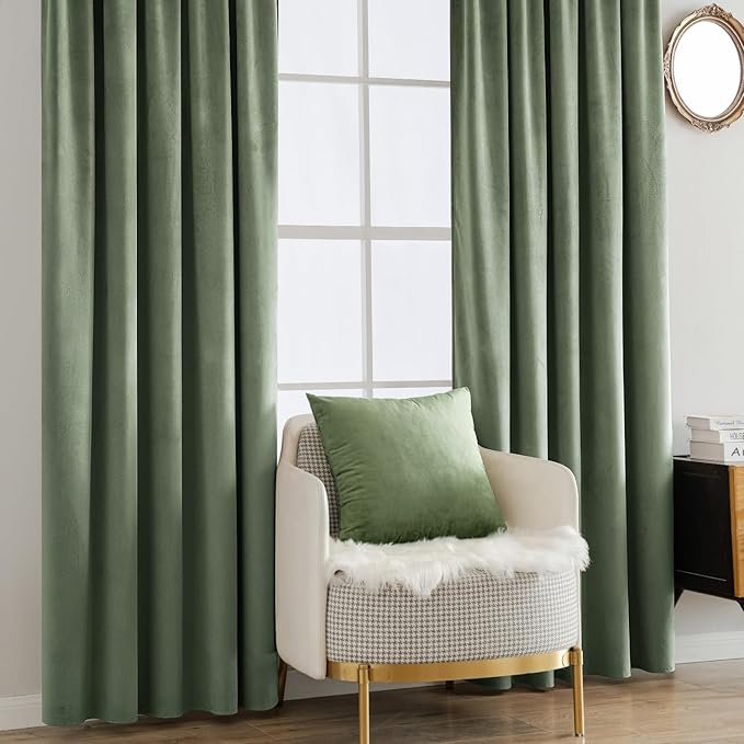 MIULEE Velvet Curtains 90 inches - Luxury Blackout Curtains for Bedroom Living Room Thermal Insulated Super Soft Window Drapes Rod Pocket & Back Tab, Sage Green, W52 x L90 inches, 2 Panels
