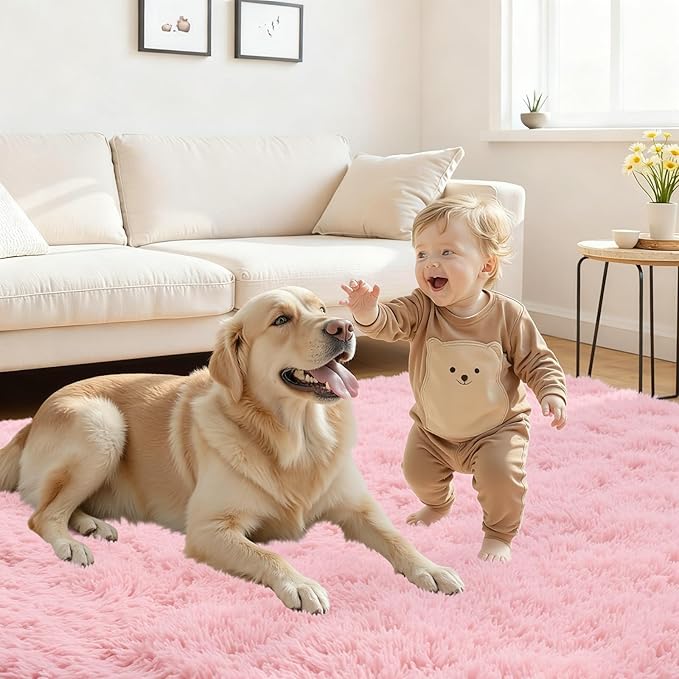 8x10 Area Rug for Living Room: Soft Fluffy Shag Pink Rugs for Bedroom, Non-Slip Large Fuzzy Plush Rug Indoor Floor Carpet for Nursery Kids Boys Girls Room, Dorms, Playroom, Modern Home Decor