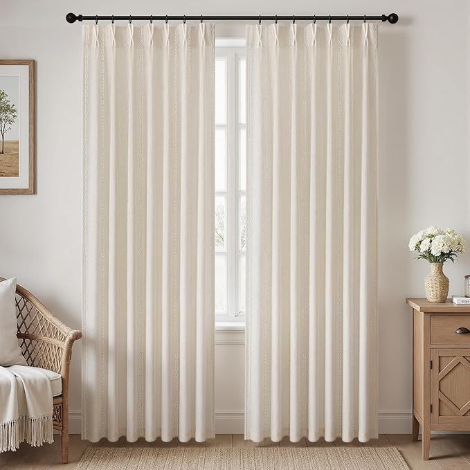Pinch Pleated Look Light Filtering Curtains 84 Inch Length, 2 Panels Linen Textured Boho Neutral Drapes for Living Room Bedroom Farmhouse Vintage Rustic Window Curtains with Hooks