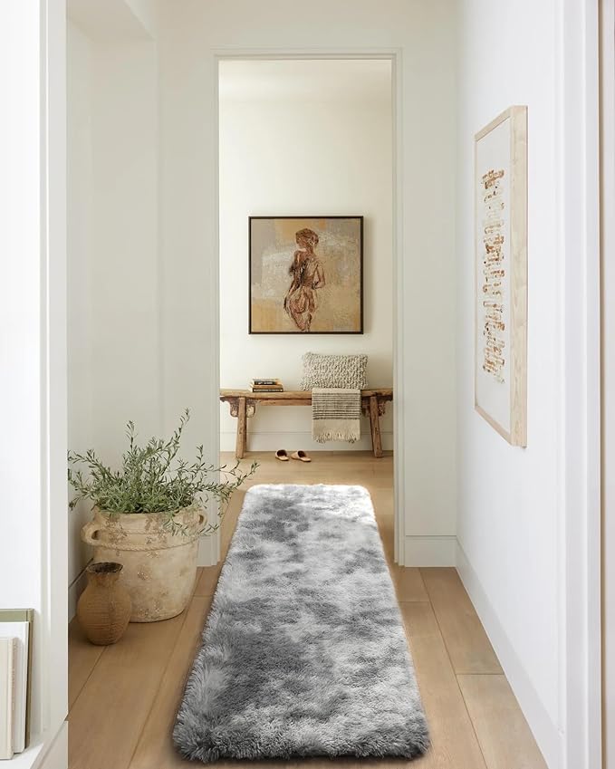 ONASAR 2x6 Runner Rugs for Bedroom Living Room, Fluffy Tie-Dyed Light Grey Bedside Hallway Throw Area Rug, Ultra Soft Plush Furry Floor Carpet Mat for Nursery Kids Dorm Closet Home Decor
