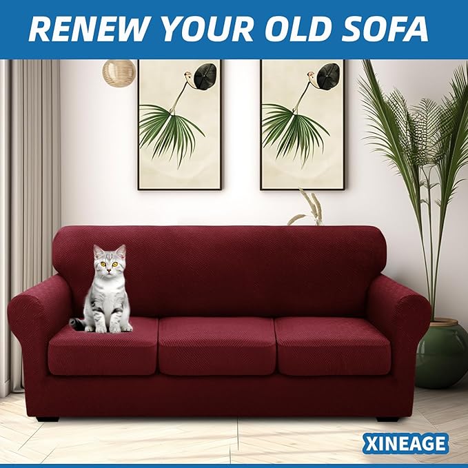 XINEAGE 2026 New 4 Pieces Extra Large Couch Covers for 3 Cushion Sofa Super Stretch Sofa Cover for 3 Large Seat Cushion Universal Fitted Slip Cover for Living Room (Wine Red), 91"-110"(3 Cushions)