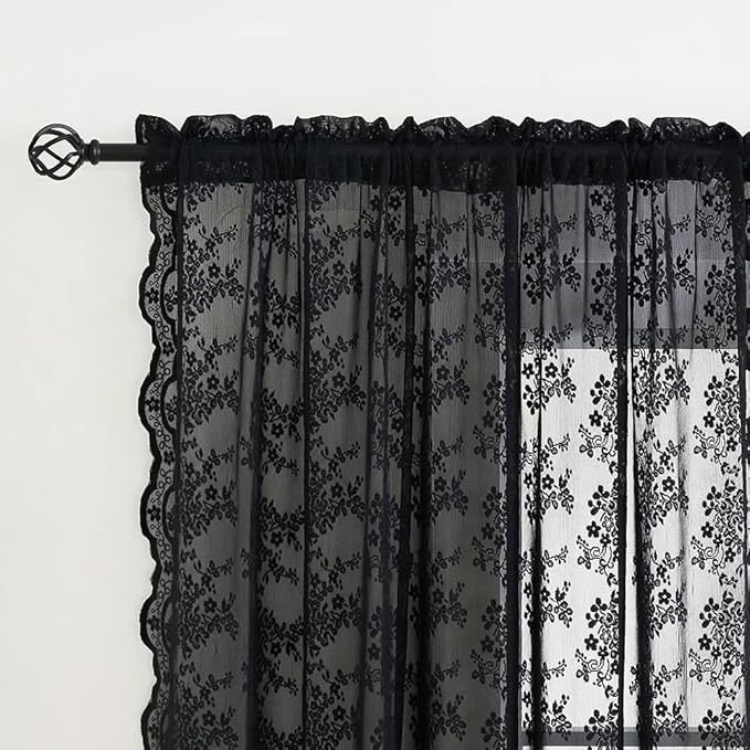 YJ YANJUN Vintage Lace Curtains 84 Inches Long-Victorian Floral Pattern Black Sheer Curtain Panels for Living Room Bedroom,Light Filtering, Gothic Witchy Halloween Drapes 2 Panels 52W x 84L