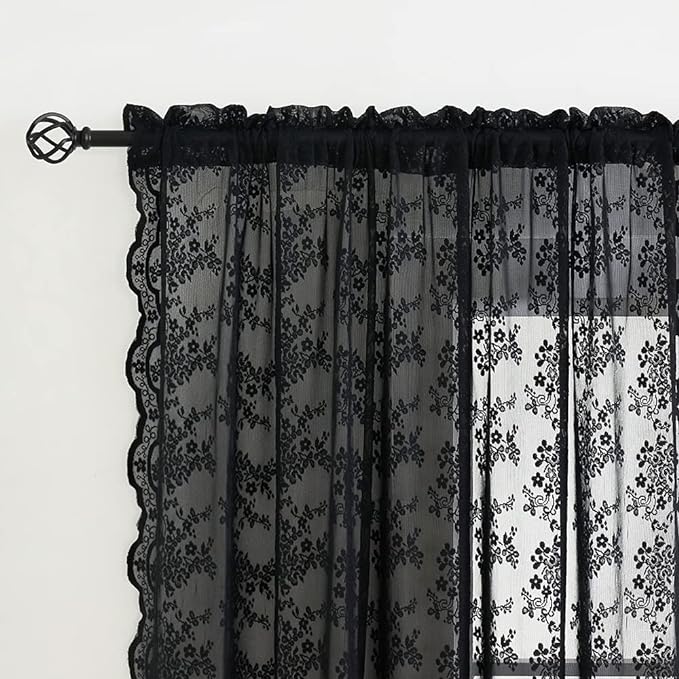 YJ YANJUN Vintage Lace Curtains 63 Inch Length-Victorian Floral Pattern Black Sheer Curtain Panels for Living Room Bedroom,Light Filtering, Gothic Witchy Halloween Drapes 2 Panels 52W x 63L