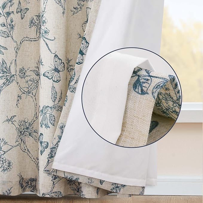 jinchan Floral Curtains Lined Linen Blend Curtain for Living Room 63 Inch Length Blue Flower Patterned Curtain French Country Farmhouse Curtains Drapes Back Tab Rod Pocket 2 Panels