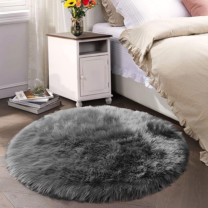 Latepis Dark Grey Rugs for Living Room Round Rugs 6ft Fluffy Circle Fuzzy Shag Rug for Bedroom Dorm Plush Accent Washable Faux Fur Rug Home Decor