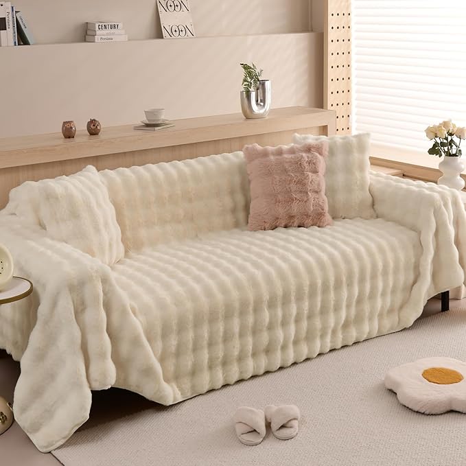 HANDONTIME Shaggy Couch Cover for Dogs Rabbit Plush Loveseat Cover Dog Couch Cover Protector Plush Faux Fur Couch Covers for Sectional Sofa Cozy Washable Sofa Covers for Living Room, 71" X118", Beige