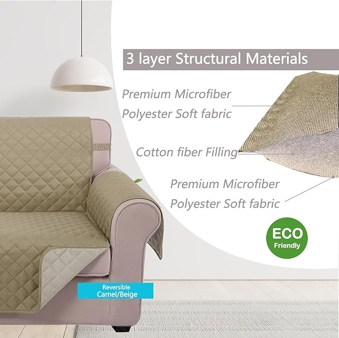 U-NICE HOME Reversible Sofa Cover Couch Cover for Dogs with Elastic Straps Water Resistant Furniture Protector for Pets Couch Cover for 3 Cushion Couch (Sofa, Light Camel/Beige)