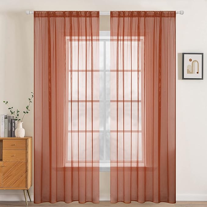 MIULEE 2 Panels Solid Color Sheer Window Curtains Elegant Window Voile Fall Panels/Drapes/Treatment for Bedroom Living Room (54X108 Inches Burnt Orange)