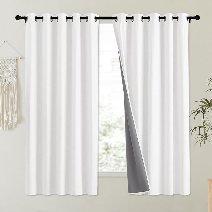 NICETOWN 100% Absolutely Blackout Linen Curtains with Thermal Insulated Liner, Greyish White, 62" Wide, 63" Length Energy Saving Curtains for Kitchen 2 Panels Set, Vertical Blinds