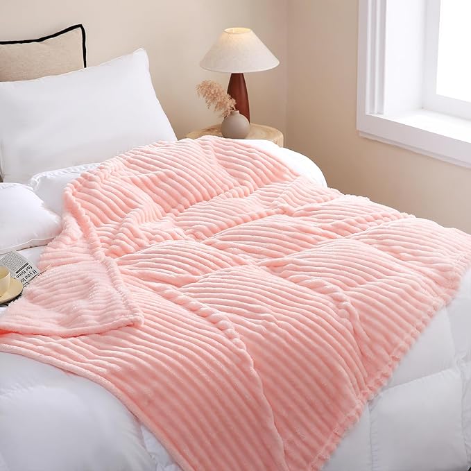 Light Pink Fleece Throw Blanket 50”×70” for Couch Sofa Bed,Super Soft Cozy Plush Microfiber Flannel Blanket with Stripes Design Lightweight for Adults,Woman,Girls