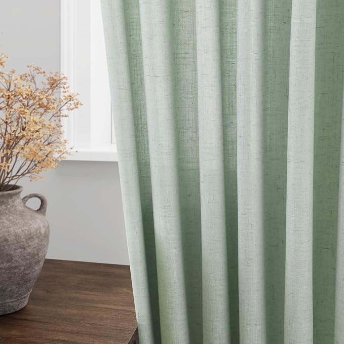 Extra Long Aqua Green Linen Curtains 120 Inch for Living Room 2 Panels Set Rod Pocket Back Tab Light Filtering Semi Sheer Linen Window Drapes Privacy High Ceiling Drapes for Farmhouse 52x120