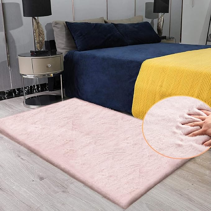 ORINOVA Pink Faux Fluffy Rabbit Fur Rug for Living Room Shag Washable Rug Area Rugs for Bedroom 3x5 Nursery Rugs