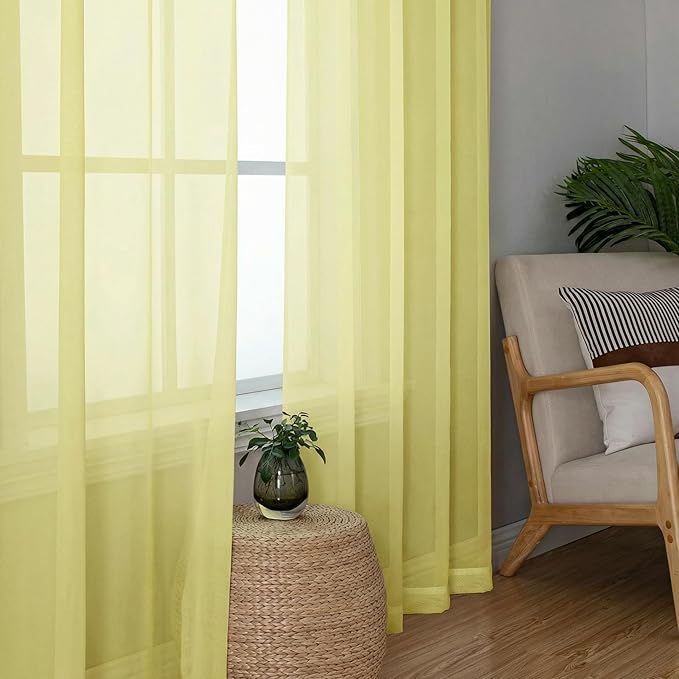 OWENIE Sheer Curtains 72 Inches Long 2 Panels Set, Modern Light Filtering Sheer Curtain Rod Pocket Clear Drapes for Window Sliding Door, Light Yellow, 2 Pcs Each 42 x 72 Inch