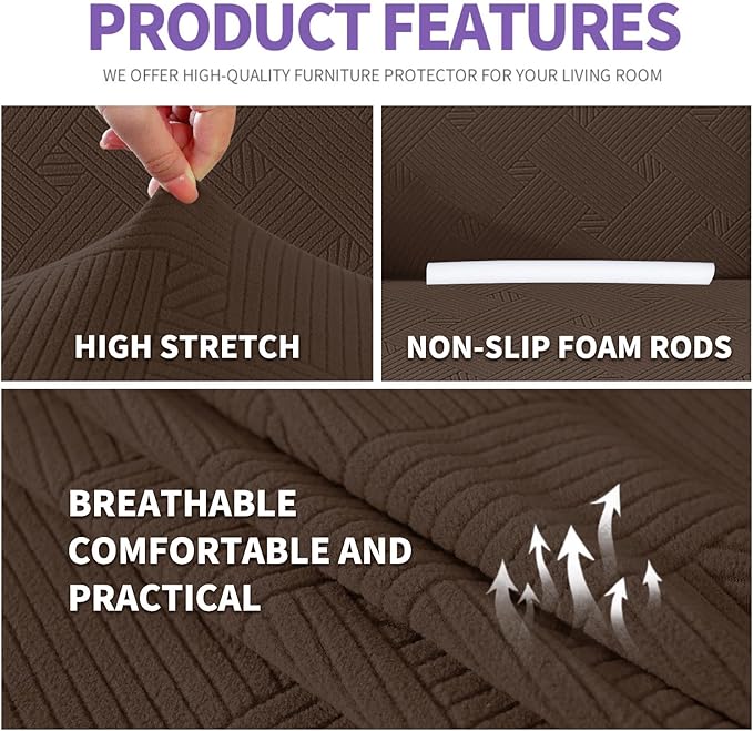 ZNSAYOTX Super Stretch Sofa Cover (72"-92"), New Striped Sofa Covers Fitted Slipcovers with Elastic Bottom, Dog Cat Pets Proof Spandex Washable Fabric Comfortable & Durable (Coffee, Sofa)