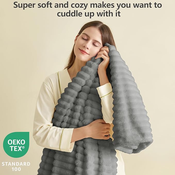HIMEET Grey Ribbed Queen Size Blanket for Bed - 300GSM Lightweight Fleece Blanket for Men Women, Large Cozy Sofa Couch Cover Bed Blankets Gifts, Striped Spring Home Room Decor, Grey, 90x90 Inches